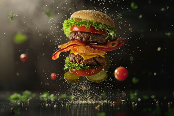 A dynamic, close-up image of a fresh, juicy burger with ingredients flying in mid-air against a dark background.