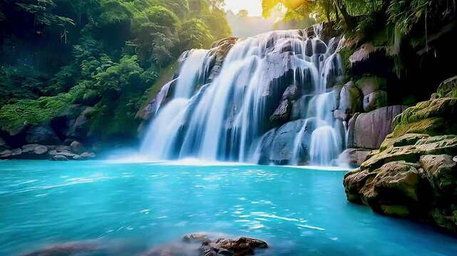 a waterfall  and  a blue pool