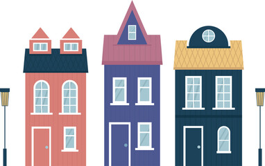 Scandinavian houses isolated on a transparent background. Vector illustration.