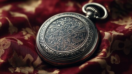 Vintage pocketwatch with an intricate, engraved design on a rich, burgundy backdrop, hinting at a bygone era