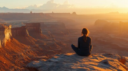 Obraz premium Unidentified person sitting on a rocky outcrop, contemplating the vastness of a majestic, desert landscape
