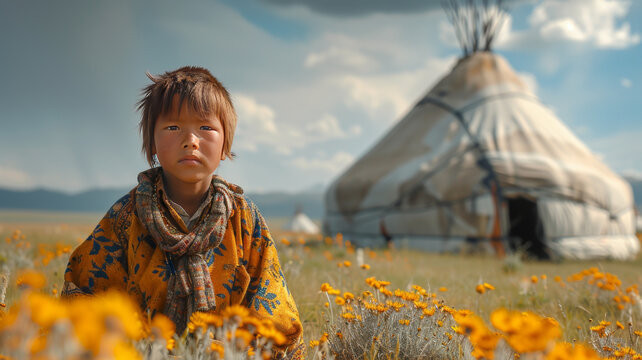 little Mongolian boy in the steppes of Mongolia outside the yur