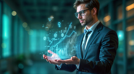 Businessman analyzes futuristic holographic financial charts, showcasing data visualization and technological innovation in corporate finance and investment