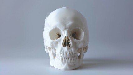 Obraz premium A high-resolution image of a white human skull model against a gray background, perfect for medical and educational purposes.