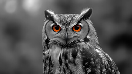 A grayscale closeup shot of an owl with orange eyes