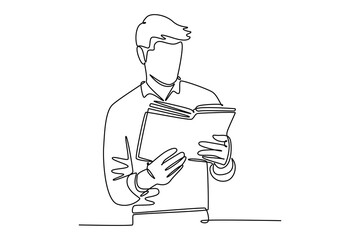 Continuous one line drawing reading book concept. Doodle vector illustration.