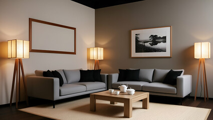 Serene Living Room:  Modern minimalist living room design with gray sofas, wooden coffee table, and Japanese-style floor lamps. Perfect for showcasing interior design, home decor, or relaxation. 