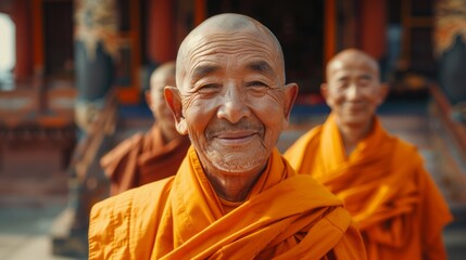 Fototapeta premium Three old men wearing orange robes are smiling for the camera