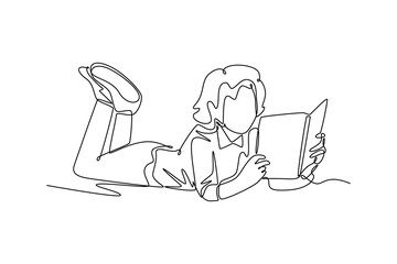 Continuous one line drawing reading book concept. Doodle vector illustration.