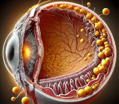 3D Age-related macular degeneration (AMD) in the human eye, focusing on the central portion of the retina where the degeneration occurs. accumulation of drusen (yellow deposits) under the retina.
