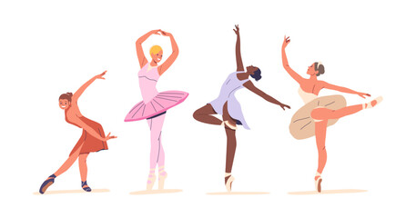 Diverse Ballerinas Characters Gracefully Dancing In Various Poses Conveying Elegance And Artistry In Ballet Performance