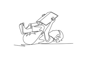 Continuous one line drawing reading book concept. Doodle vector illustration.