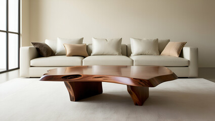 Living Room Minimalism: A sleek, modern living room with a stunning live edge coffee table. The natural wood grain adds warmth and character to the minimalist interior.