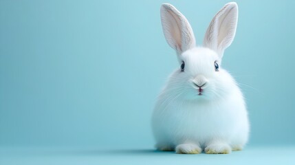 Obraz premium Closeup of a Cute and Fluffy White Rabbit Sitting on a Simple Blue Background