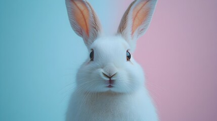 Obraz premium Adorable White Rabbit with Fluffy Fur and Curious Facial Expression on Colorful Studio Background