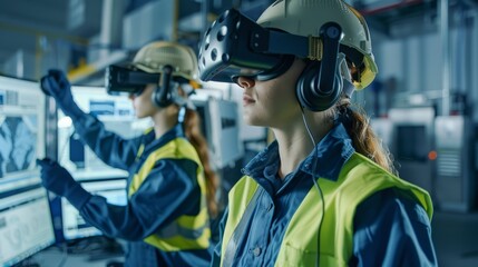 Two women wearing safety gear and wearing virtual reality goggles