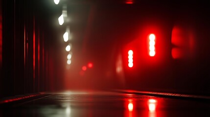 Mysterious hallway illuminated by red lights, creating an atmospheric and eerie vibe perfect for suspenseful themes.