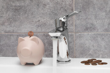 Water saving concept. Piggy bank, stream of water flowing from tap and coins in bathroom