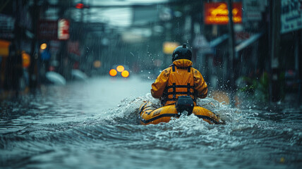 a person in a motorized rubber raft on a flooded downtown street in Thailand in a rainstorm headed to work.