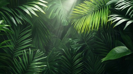 Lush Green Tropical Leaves Background with Sunlight