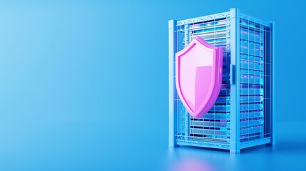 Protected server rack with a pink security shield symbolizing data protection and cybersecurity on a blue background.