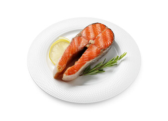 Tasty grilled salmon steak and rosemary isolated on white