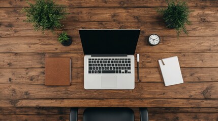 Modern Workspace with Laptop  Plants  and Clock on Rustic Wooden Table