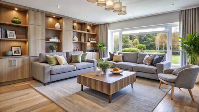 Built-in furniture in a modern living room in Beccles combines a sleek sofa, comfortable chairs, and a stylish