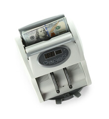Obraz premium Money counter machine with dollar banknotes isolated on white, top view