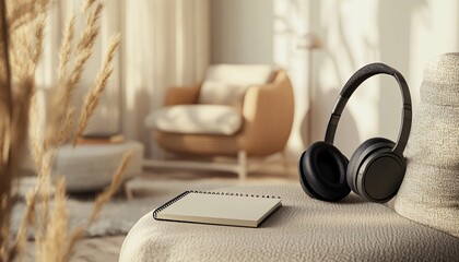 A serene living room featuring a cozy chair and an open notebook creates an inviting atmosphere, perfect for a relaxing work space.