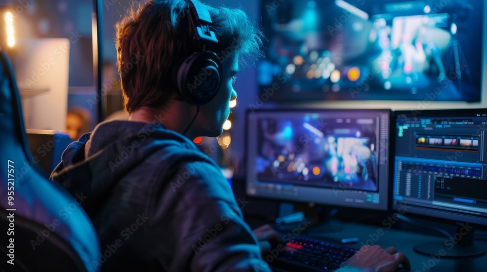 Aufkleber a man is sitting in front of a computer with a headset on
