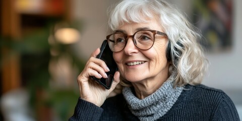 Heartwarming Connection: Elderly Woman Using Smartphone to Call Friends and Family at Home. AI-Generated Concept Highlighting Senior Care, Loneliness Prevention, and Inclusive Technology. Perfect for 
