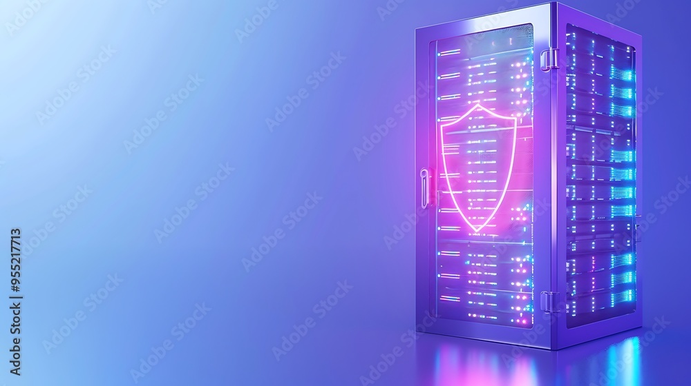 Poster secure data server with glowing shield icon representing cybersecurity and data protection in a futu