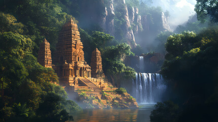Illustration of south asian tropical dreamy landscape of ancient hindu temple in the forest right next to water falls, generative ai image. Temple. Illustration
