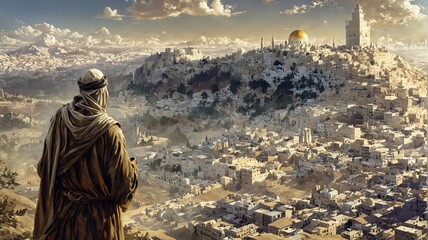 Digital illustration man standing top hill overlooking city Nehe