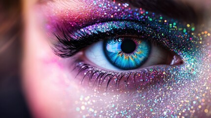 Close-up of an eye with sparkly rhinestones and vibrant makeup, capturing the essence of artistic beauty and creative expression.