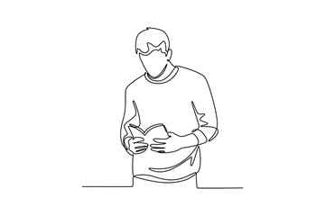Continuous one line drawing reading book concept. Doodle vector illustration.
