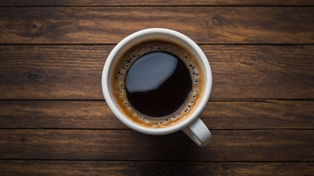 Top view of coffee in a paper cup on the wooden table.