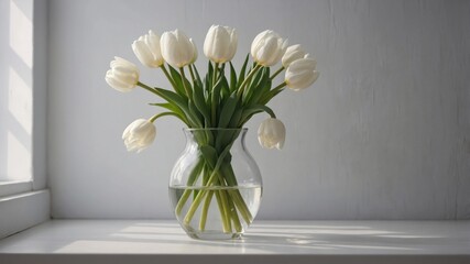 White tulips in the vase over the white wall.