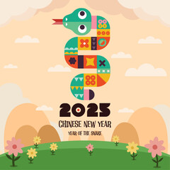 happy new year 2025, Chinese new year, year of the snake, Chinese zodiac snake in geometric flat modern style