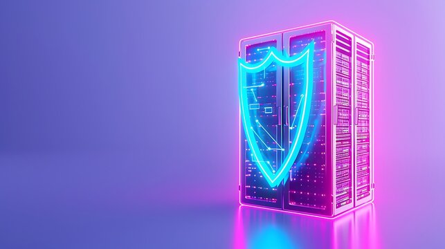 Secure server data protection concept with neon shield on server rack, representing cybersecurity and safe network infrastructure.