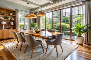 Fototapeta premium * Chic and airy dining space crafted with wood accents, plush upholstered chairs, and an abundance of natural