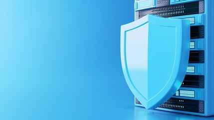 Secure server protection concept with a large shield in front of server racks, symbolizing cybersecurity and data protection.