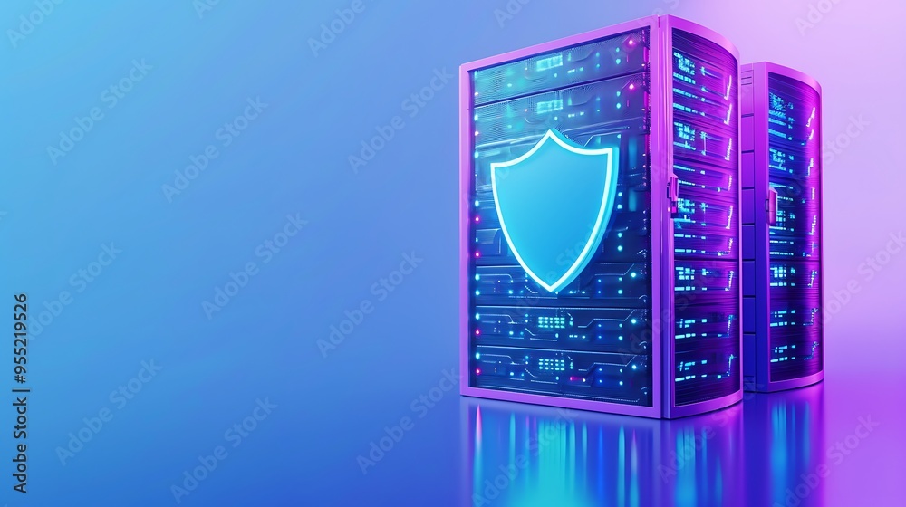 Poster secure server rack with a neon shield icon representing cybersecurity, data protection, and secure h