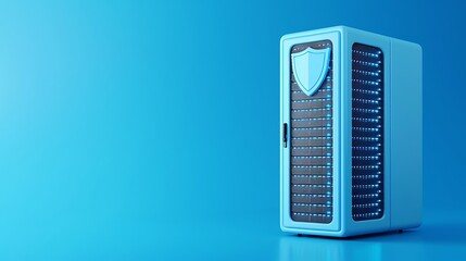Secure server rack on a blue background. Data protection and cybersecurity concept in modern technology and server management.