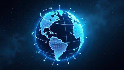 Digital Globe with Bright Blue Pathways Floating in Deep Space