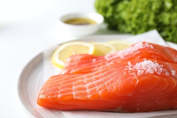 Pieces of fresh salmon with salt on white table, closeup