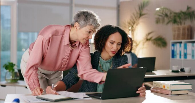 Business, women and communication with laptop in office of financial planning, budget report and payroll advice. People, meeting and documents of finance information, feedback and project solution