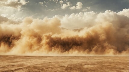 Vast desert landscape large cloud dust rising from sandstorm in