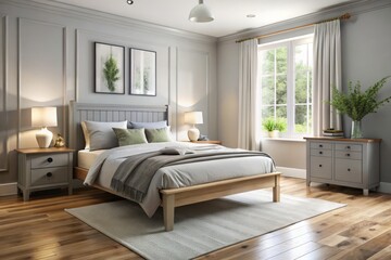 Fototapeta premium Clean-lined grey shaker furniture and bed linens complement the warmth of wooden floors in this serene and soothing